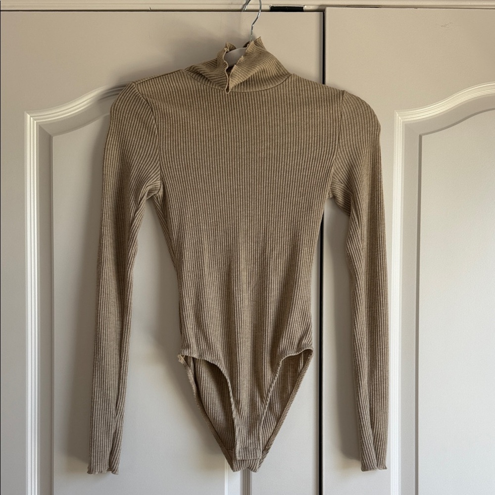 Free People Ribbed Mock Neck Long Sleeve Bodysuit in Taupe